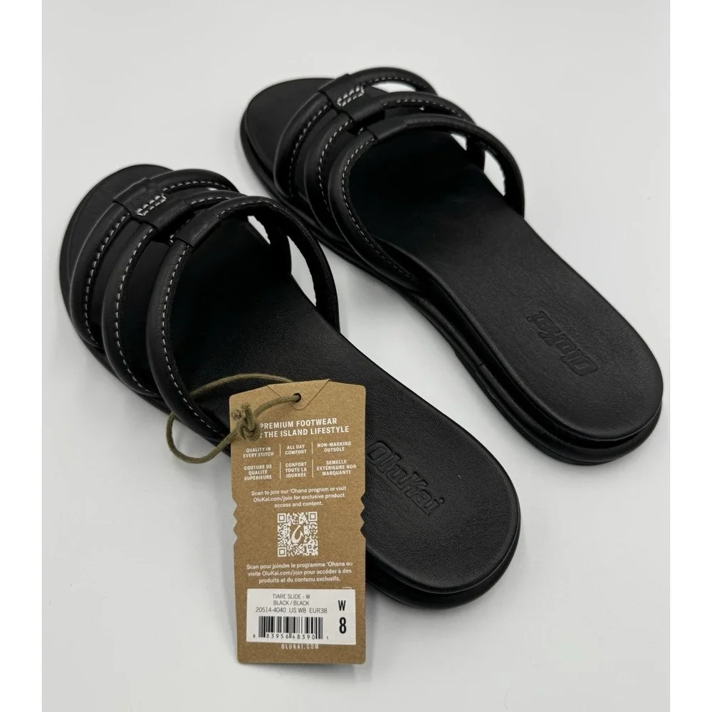 Olukai Women's Tiare Slide,Sandal Slipper Black Leather , Size 8 - Picture 5 of 6